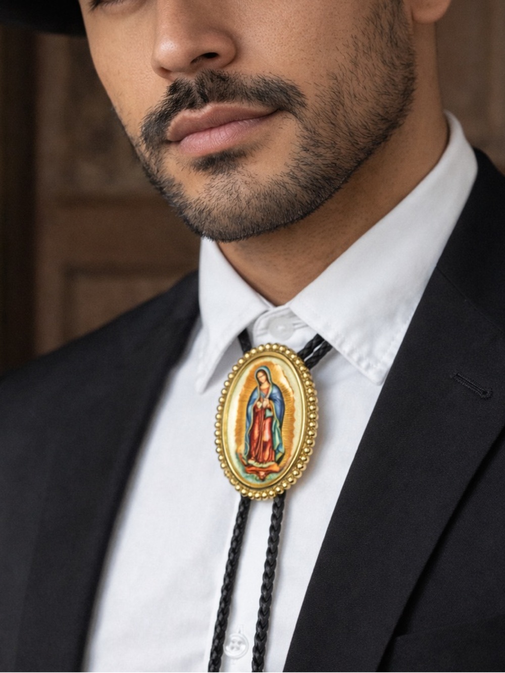 Our Lady of Guadalupe Framed Goldtone Bolo Tie Goldtone Decorative Tips